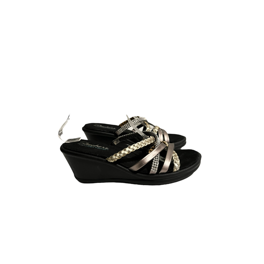 Skechers Women's size 7.5 Black Gold Strappy Wedge Lightweight Sandal